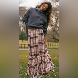 Free People Bordeaux Plaid Maxi Skirt- Size XS